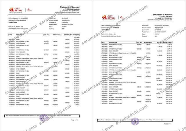 Bangladesh City Bank statement of account Word and PDF template, 2 pages